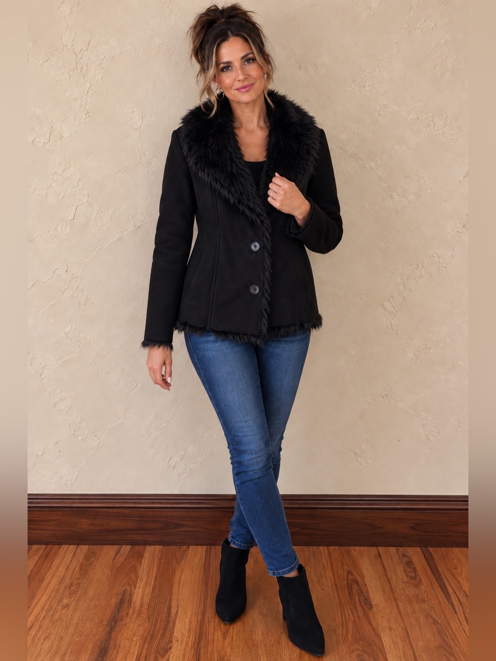 NorthCrest Y2K Faux Suede & Fur Jacket Black Medium Penny Lane Whimsigoth